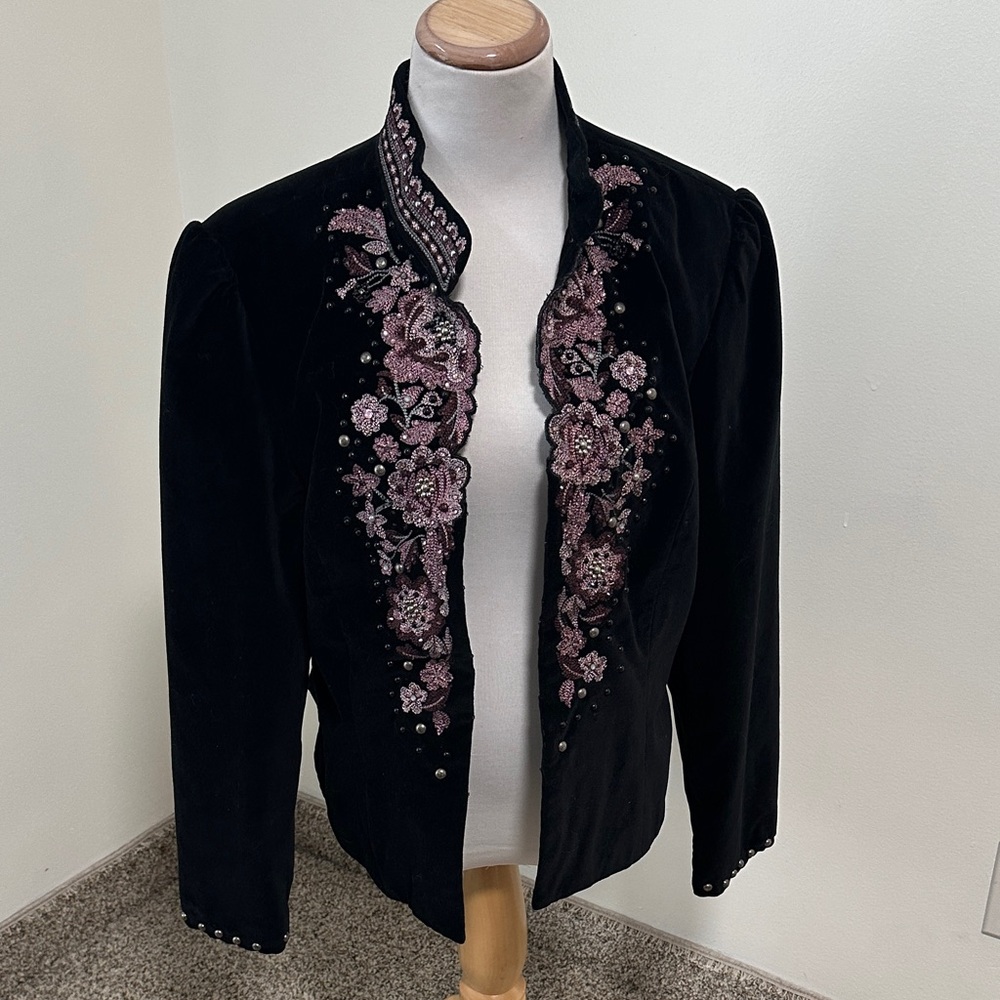 Bandolino Black Velvet Jacket with Pink Floral Embroidery - Picture 1 of 5